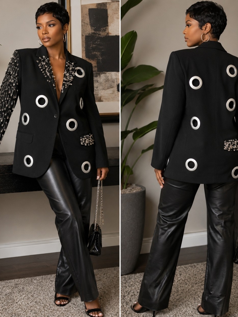 Upcycled Black Blazer w/safety-pins And Grommets